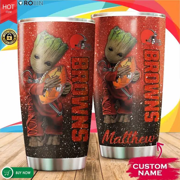 Personalized Baby Groot Hug Cleveland Browns Tumbler Cup 20OZ, 30OZ