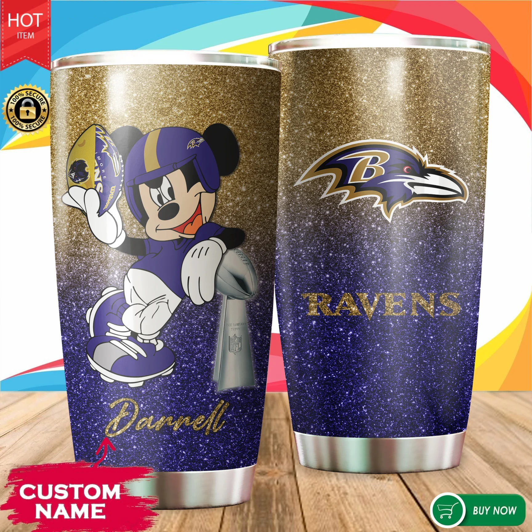 Personalized Mickey Baltimore Ravens Tumbler Cup 20oz, 30oz