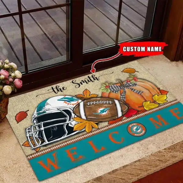 17-Miami Dolphins Welcome Fall Football Doormat – Custom name - Image 2