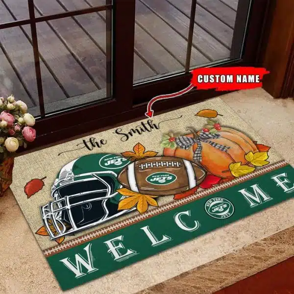 22-New York Jets Welcome Fall Football Doormat – Custom name - Image 3
