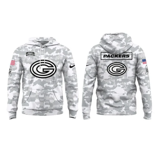 Green Bay Packers 2025 Salute to Service Club Fleece Pullover Arctic Camo Hoodie - Image 2