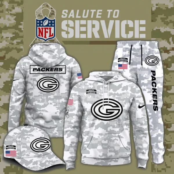 Green Bay Packers 2025 Salute to Service Club Fleece Pullover Arctic Camo Hoodie
