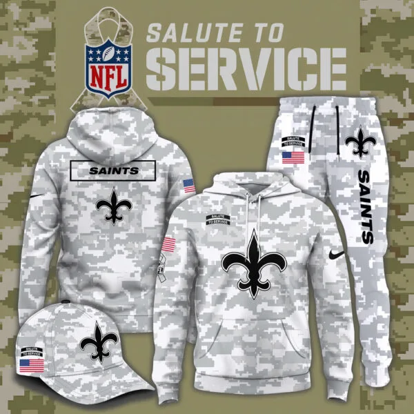 New Orleans Saints 2025 Salute to Service Club Fleece Pullover Arctic Camo Hoodie