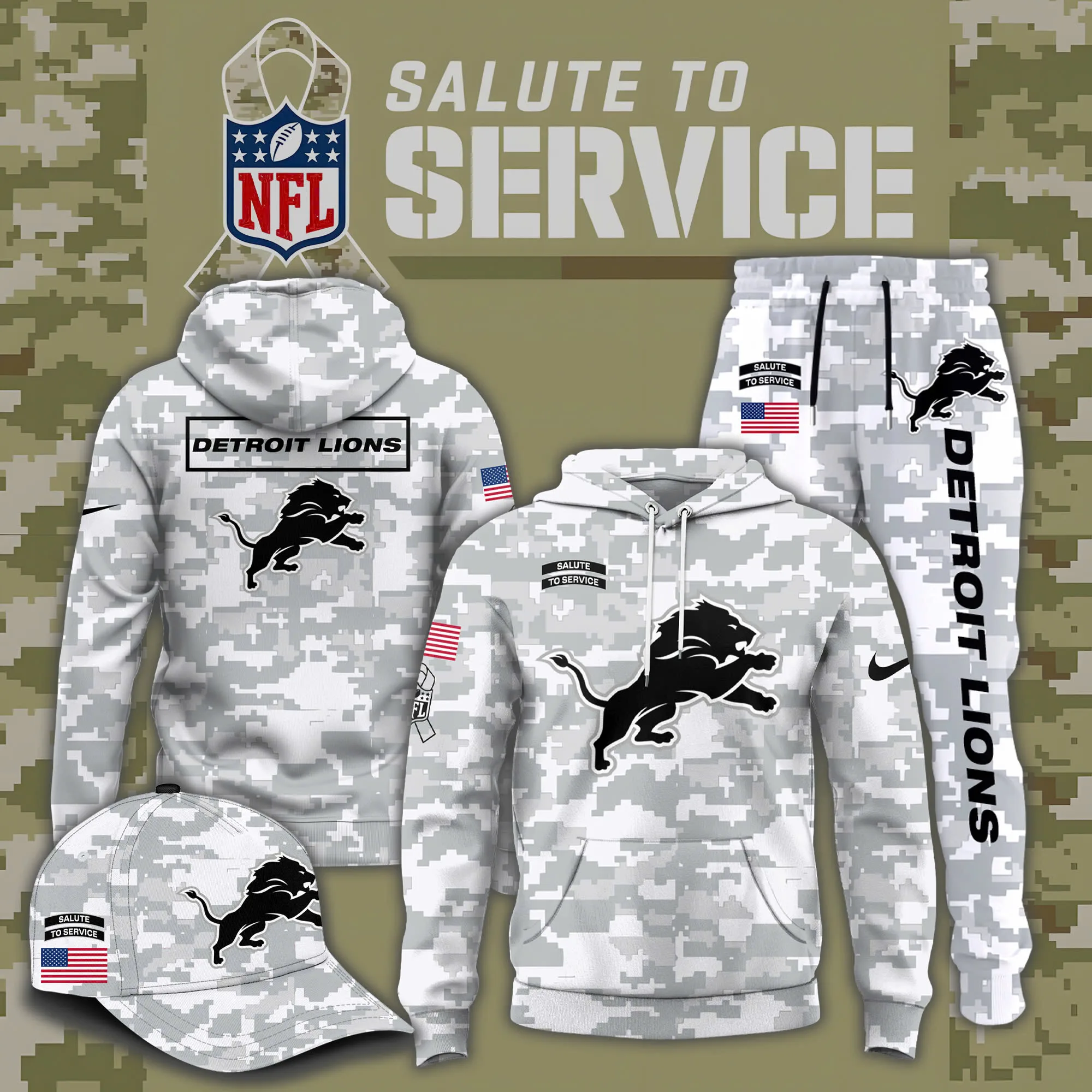 Detroit Lions 2025 Salute to Service Club Fleece Pullover Arctic Camo Hoodie
