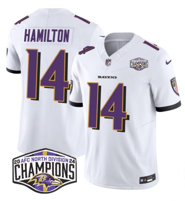 Men's Baltimore Ravens #14 Kyle Hamilton White F.U.S.E 2024 AFC North Division Champions Vapor Limited Football Jersey - Custom Name