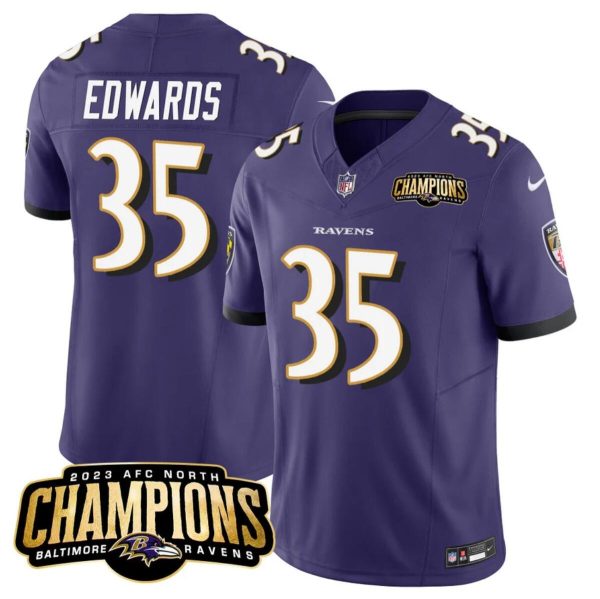 Men's Baltimore Ravens #35 Gus Edwards Purple 2023 F.U.S.E. AFC North Champions Vapor Limited Football Jersey - Custom Name