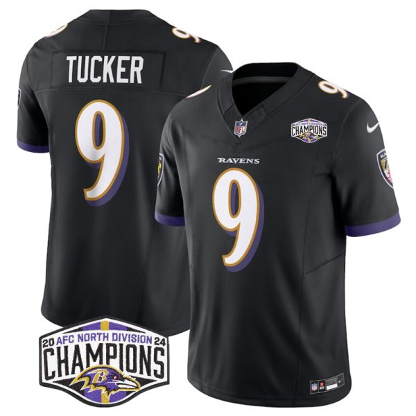 Men's Baltimore Ravens #9 Justin Tucker Black F.U.S.E 2024 AFC North Division Champions Vapor Limited Football Jersey - Custom Name