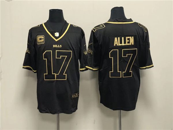 Men's Buffalo Bills #17 Josh Allen Black Gold With 4-star C Patch Limited Stitched Jersey - Custom Name