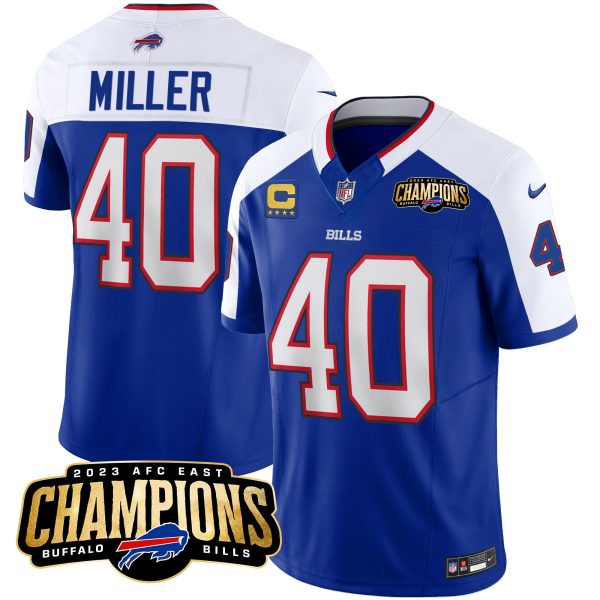 Men's Buffalo Bills #40 Von Miller BlueWhite 2023 F.U.S.E. AFC East Champions With 4-star C Ptach Stitched Football Jersey - Custom Name