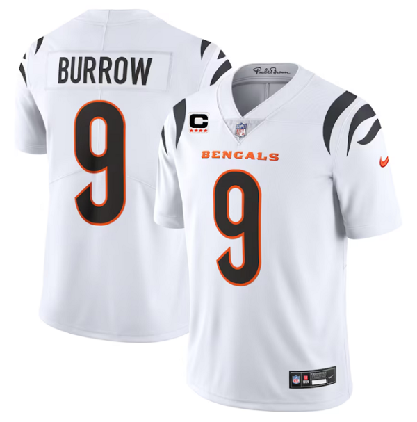 Men's Cincinnati Bengals #9 Joe Burrow White With 4-Star C Patch Vapor Untouchable Limited Stitched Jersey - Custom Name