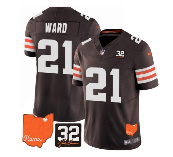 Men's Cleveland Browns #21 Denzel Ward Brown 2023 F.U.S.E. With Jim Brown Memorial Patch Vapor Untouchable Limited Stitched Jersey - Custom Name