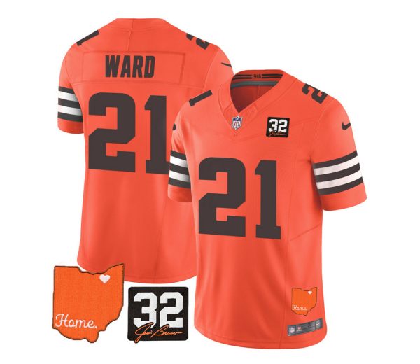 Men's Cleveland Browns #21 Denzel Ward Orange 2023 F.U.S.E. With Jim Brown Memorial Patch Vapor Untouchable Limited Stitched Jersey - Custom Name