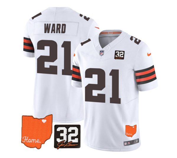 Men's Cleveland Browns #21 Denzel Ward White 2023 F.U.S.E. With Jim Brown Memorial Patch Vapor Untouchable Limited Stitched Jersey - Custom Name