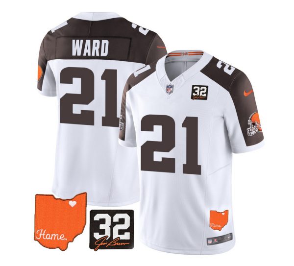 Men's Cleveland Browns #21 Denzel Ward White Brown 2023 F.U.S.E. With Jim Brown Memorial Patch Vapor Untouchable Limited Stitched Jersey - Custom Name