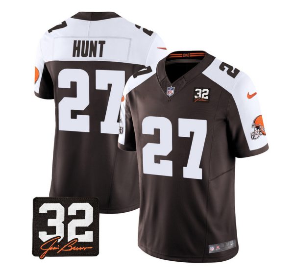 Men's Cleveland Browns #27 Kareem Hunt Brown White 2023 F.U.S.E. With Jim Brown Memorial Patch Vapor Untouchable Limited Stitched Jersey - Custom Name
