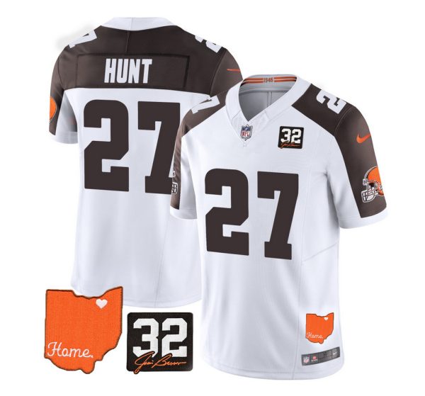 Men's Cleveland Browns #27 Kareem Hunt White Brown 2023 F.U.S.E. With Jim Brown Memorial Patch Vapor Untouchable Limited Stitched Jersey - Custom Name