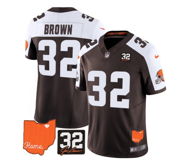 Men's Cleveland Browns #32 Jim Brown Brown White 2023 F.U.S.E. With Jim Brown Memorial Patch Vapor Untouchable Limited Stitched Jersey - Custom Name