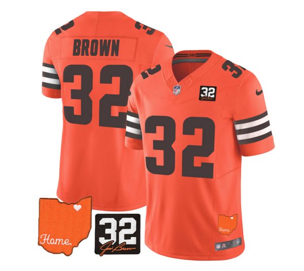 Men's Cleveland Browns #32 Jim Brown Orange 2023 F.U.S.E. With Jim Brown Memorial Patch Vapor Untouchable Limited Stitched Jersey - Custom Name