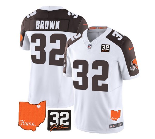Men's Cleveland Browns #32 Jim Brown White Brown 2023 F.U.S.E. With Jim Brown Memorial Patch Vapor Untouchable Limited Stitched Jersey - Custom Name