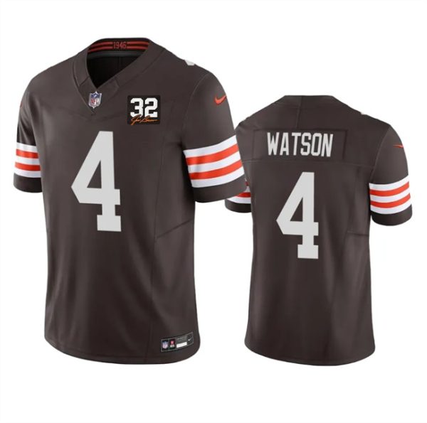 Men's Cleveland Browns #4 Deshaun Watson Brown 2023 F.U.S.E. With Jim Brown Memorial Patch Vapor Untouchable Limited Stitched Jersey - Custom Name