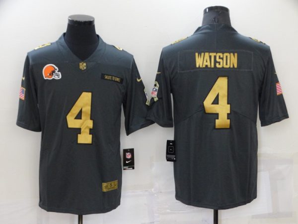 Men's Cleveland Browns #4 Deshaun Watson Grey Gold Salute To Service Limited Stitched Jersey - Custom Name