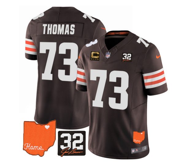 Men's Cleveland Browns #73 Joe Thomas Brown 2023 F.U.S.E. With Jim Brown Memorial Patch And 4-Star C Patch Vapor Untouchable Limited Stitched Jersey - Custom Name