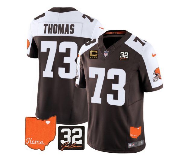 Men's Cleveland Browns #73 Joe Thomas Brown White 2023 F.U.S.E. With Jim Brown Memorial Patch And 4-Star C Patch Vapor Untouchable Limited Stitched Jersey - Custom Name