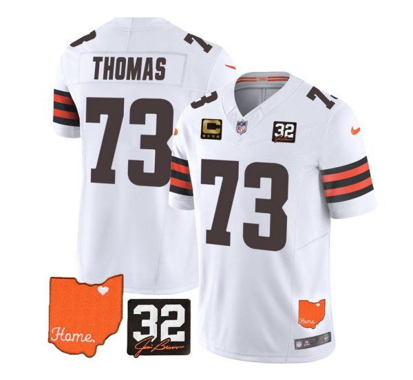 Men's Cleveland Browns #73 Joe Thomas White 2023 F.U.S.E. With Jim Brown Memorial Patch And 4-Star C Patch Vapor Untouchable Limited Stitched Jersey - Custom Name