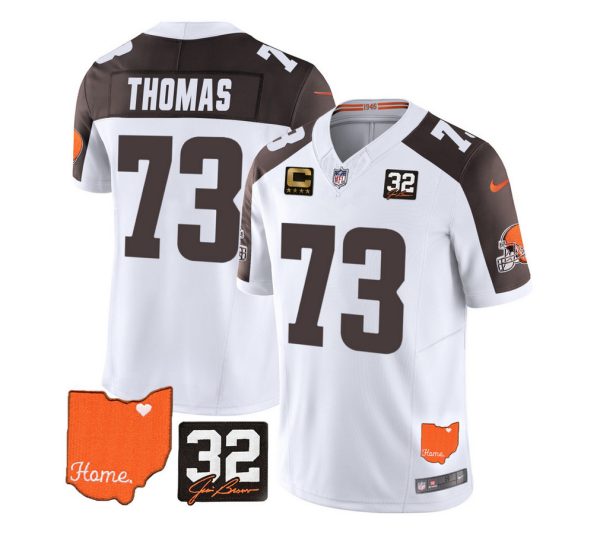 Men's Cleveland Browns #73 Joe Thomas White Brown 2023 F.U.S.E. With Jim Brown Memorial Patch And 4-Star C Patch Vapor Untouchable Limited Stitched Jersey - Custom Name