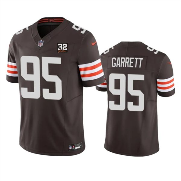 Men's Cleveland Browns #95 Myles Garrett Brown 2023 F.U.S.E. With Jim Brown Memorial Patch Vapor Untouchable Limited Stitched Jersey - Custom Name