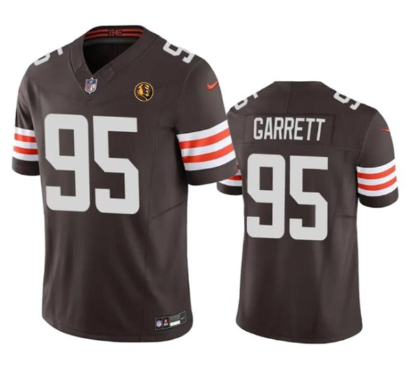 Men's Cleveland Browns #95 Myles Garrett Brown 2023 F.U.S.E. With John Madden Patch Vapor Limited Stitched Football Jersey - Custom Name