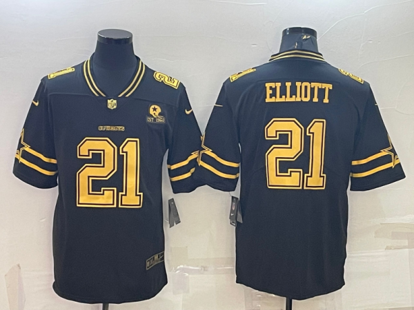 Men's Dallas Cowboys #21 Ezekiel Elliott Black Gold Edition With 1960 Patch Limited Stitched Football Jersey - Custom Name