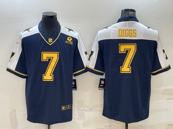 Men's Dallas Cowboys #7 Trevon Diggs Navy Gold Edition With 1960 Patch Limited Stitched Football Jersey - Custom Name