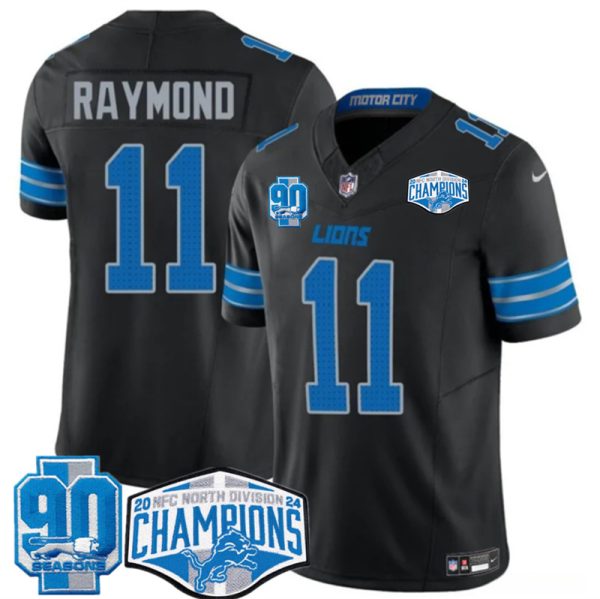 Men's Detroit Lions #11 Kalif Raymond Black 2024 NFC North Champions 90th Anniversary Patch F.U.S.E. Vapor Limited Stitched Jersey - Custom Name
