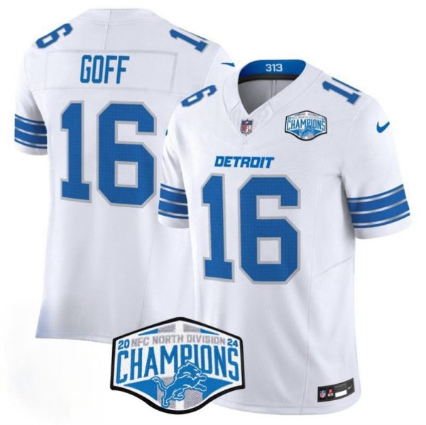 Men's Detroit Lions #16 Jared Goff White 2024 NFC North Champions 90th Anniversary Patch F.U.S.E. Vapor Limited Stitched Jersey - Custom Name