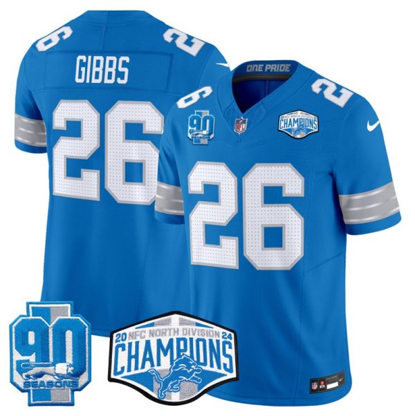Men's Detroit Lions #26 Jahmyr Gibbs Blue 2024 NFC North Champions 90th Anniversary Patch F.U.S.E. Vapor Limited Stitched Jersey - Custom Name