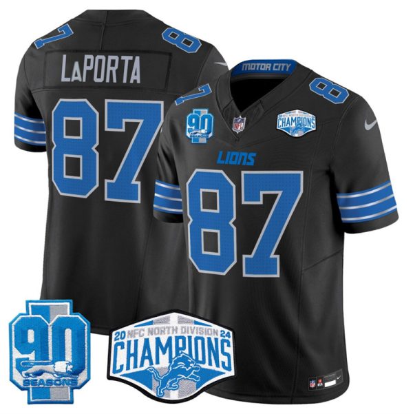 Men's Detroit Lions #87 Sam LaPorta Black 2024 NFC North Champions 90th Anniversary Patch F.U.S.E. Vapor Limited Stitched Jersey - Custom Name