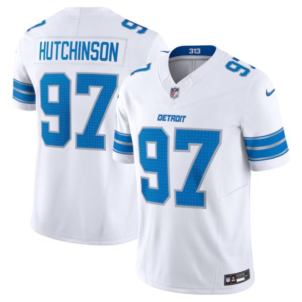 Men's Detroit Lions #97 Aidan Hutchinson White 2024 F.U.S.E. Vapor Limited Stitched Jersey - Custom Name