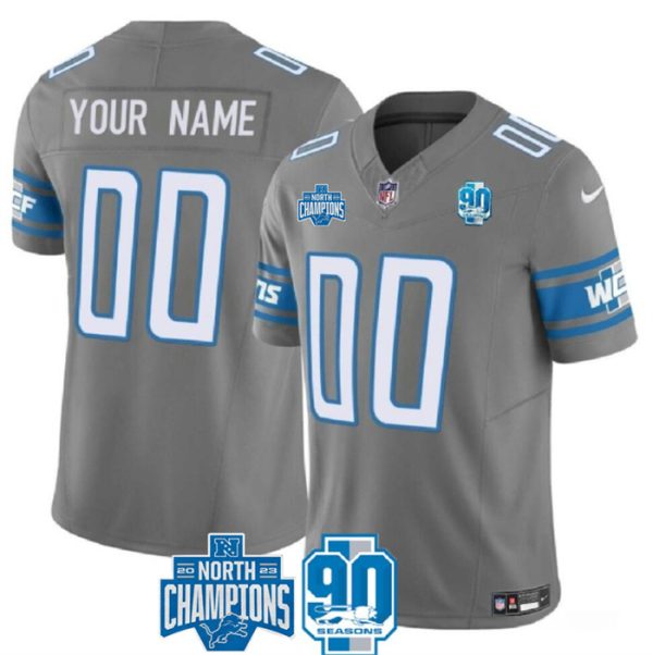 Men's Detroit Lions Active Player Custom Grey 2023 F.U.S.E. 90th Anniversary NFC North Division Champions Vapor Limited Stitched Football Jersey - Custom Name