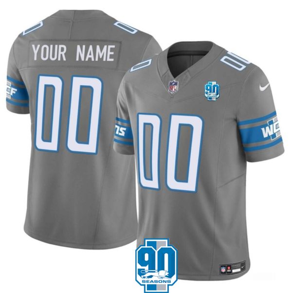 Men's Detroit Lions Active Player Custom Grey 2023 F.U.S.E. 90th Anniversary Vapor Limited Stitched Football Jersey - Custom Name