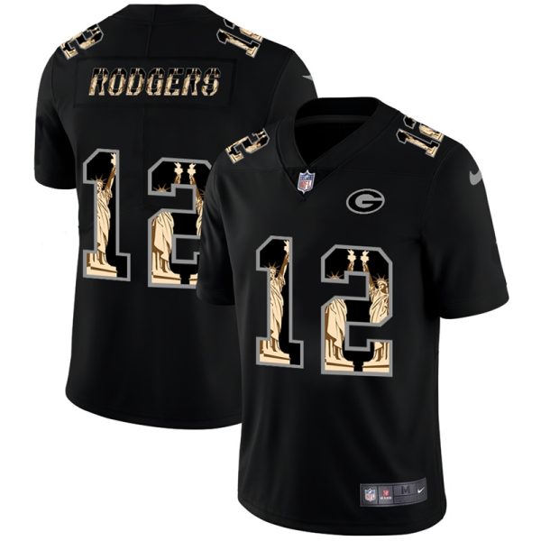 Green Bay Packers #12 Aaron Rodgers Carbon Black Vapor Statue Of Liberty Limited NFL Jersey - Custom Name