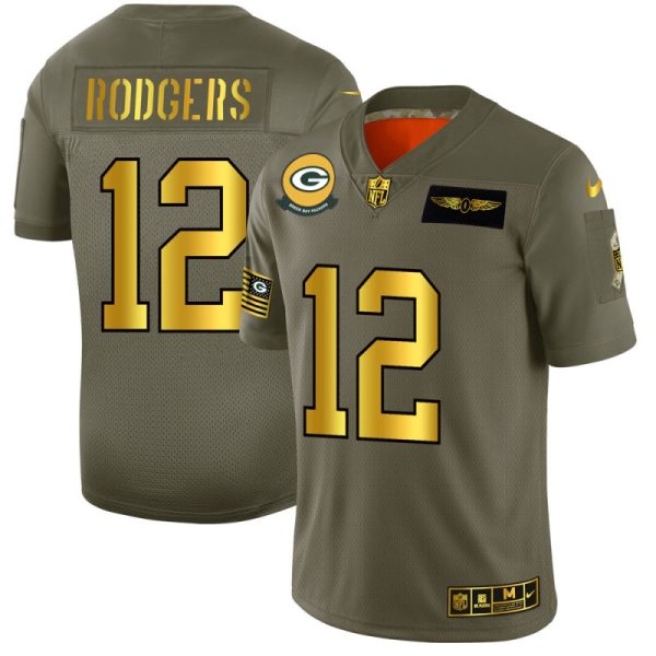 Green Bay Packers #12 Aaron Rodgers NFL Men's Nike Olive Gold 2019 Salute to Service Limited Jersey - Custom Name