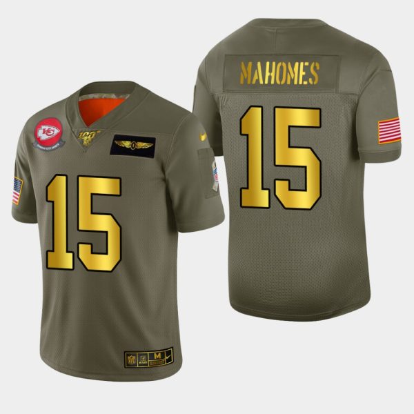 Kansas City Chiefs #15 Patrick Mahomes Men's Nike Olive Gold 2019 Salute to Service Limited NFL 100 Jersey  - Custom Name