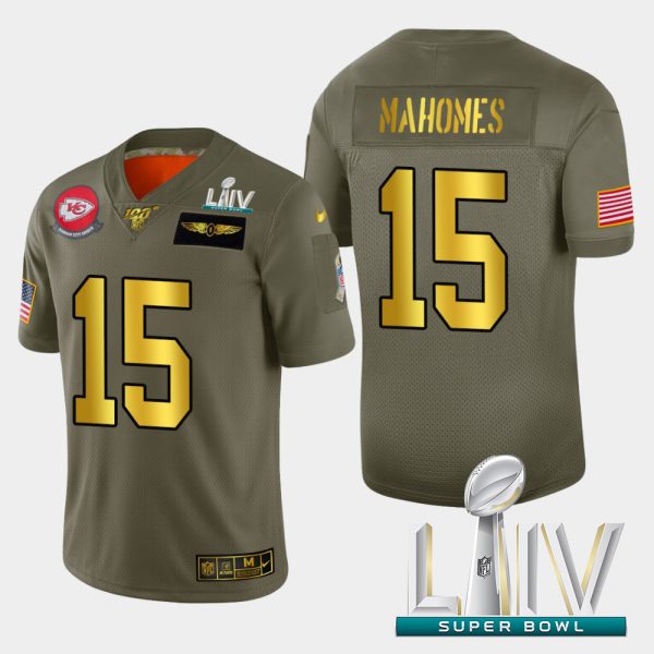 Kansas City Chiefs #15 Patrick Mahomes Men's Nike Olive Gold Super Bowl LIV 2020 2019 Salute to Service Limited NFL 100 Jersey  - Custom Name