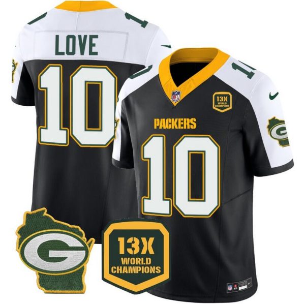 Men's Green Bay Packers #10 Jordan Love Black White 2023 F.U.S.E. Home Patch 13 Time World Champions Vapor Untouchable Limited Stitched Jersey - Custom Name