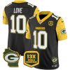 Men's Green Bay Packers #10 Jordan Love Cheese Black 2024 F.U.S.E. 13 Time World Champions And Home Patch Vapor Untouchable Limited Stitched Football Jersey - Custom Name