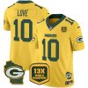 Men's Green Bay Packers #10 Jordan Love Cheese Gold 2024 F.U.S.E. 13 Time World Champions And Home Patch Vapor Untouchable Limited Stitched Football Jersey - Custom Name
