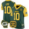 Men's Green Bay Packers #10 Jordan Love Cheese Green 2024 F.U.S.E. 13 Time World Champions And Home Patch Vapor Untouchable Limited Stitched Football Jersey - Custom Name