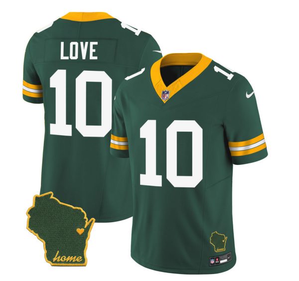 Men's Green Bay Packers #10 Jordan Love Green 2023 F.U.S.E. Home Patch Vapor Untouchable Limited Stitched Jersey - Custom Name