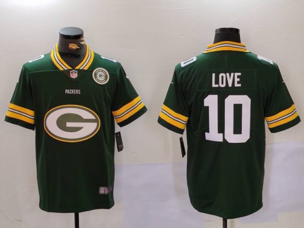 Men's Green Bay Packers #10 Jordan Love Green Big Logo With Patch Vapor Limited Stitched Football Jersey - Custom Name